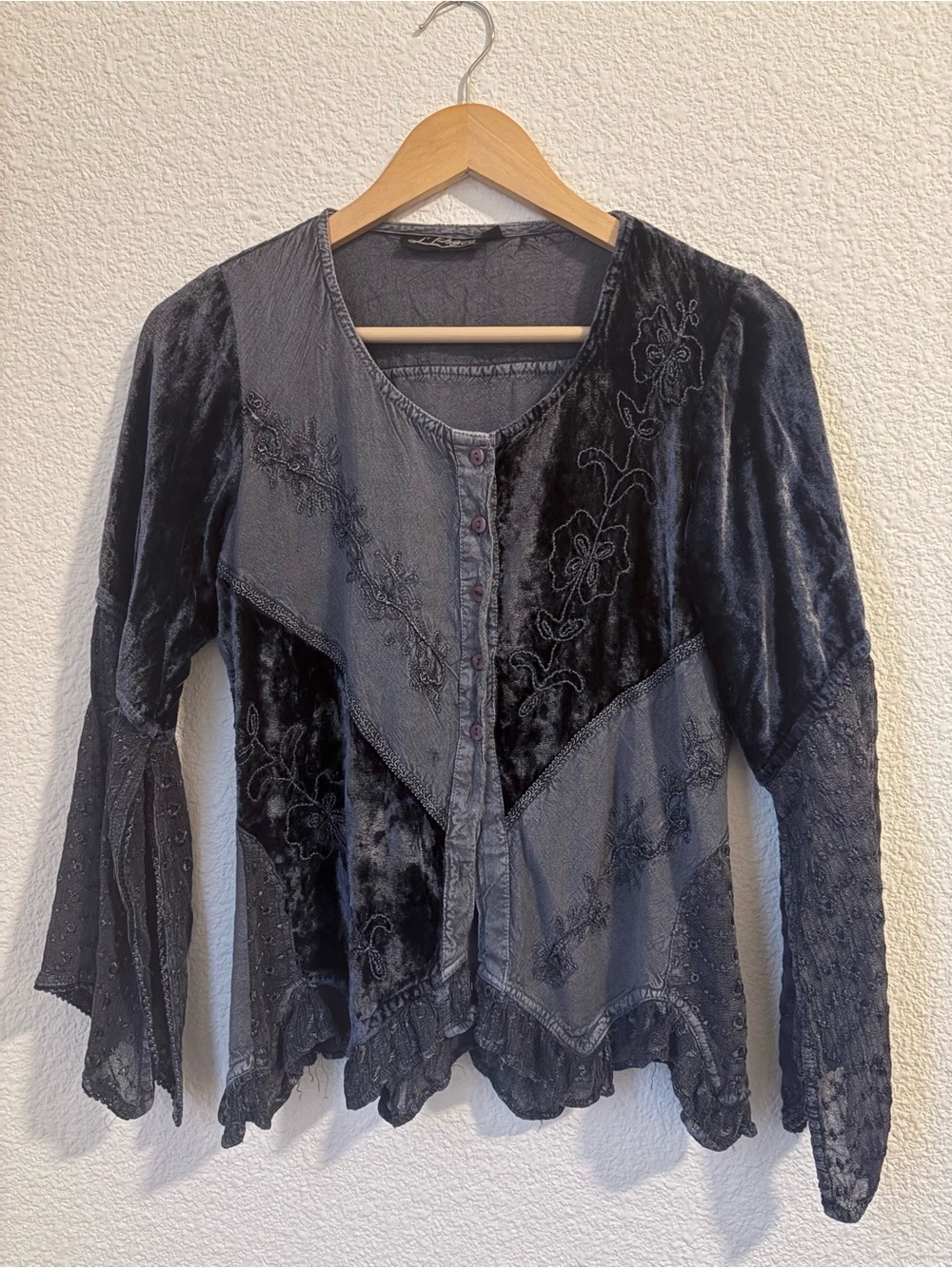 Vintage  Patchwork Velvet Lace Button-Front Blouse